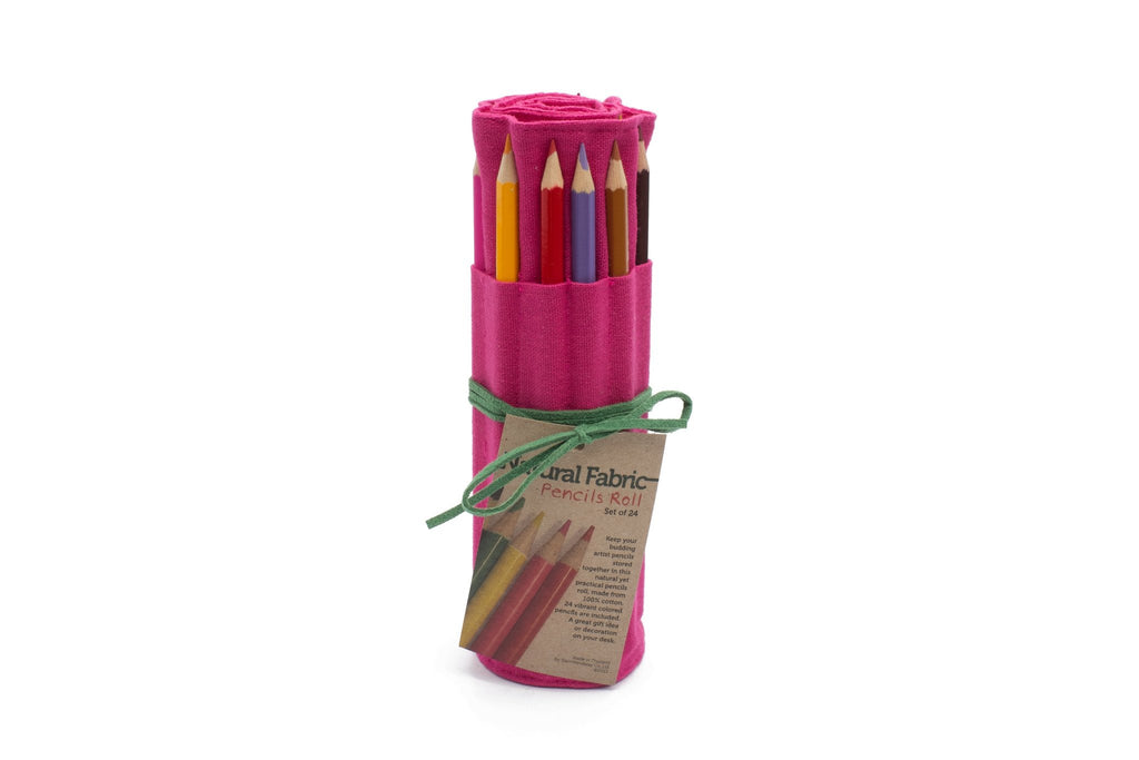 24 Colored Pencils - Pink Fabric with Green Leather Cord image 0